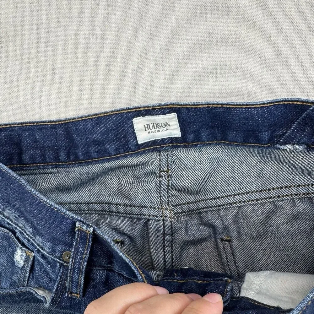 Hudson Jeans Mens 32 Distressed Straight Leg Button Fly Made USA Medium Wash